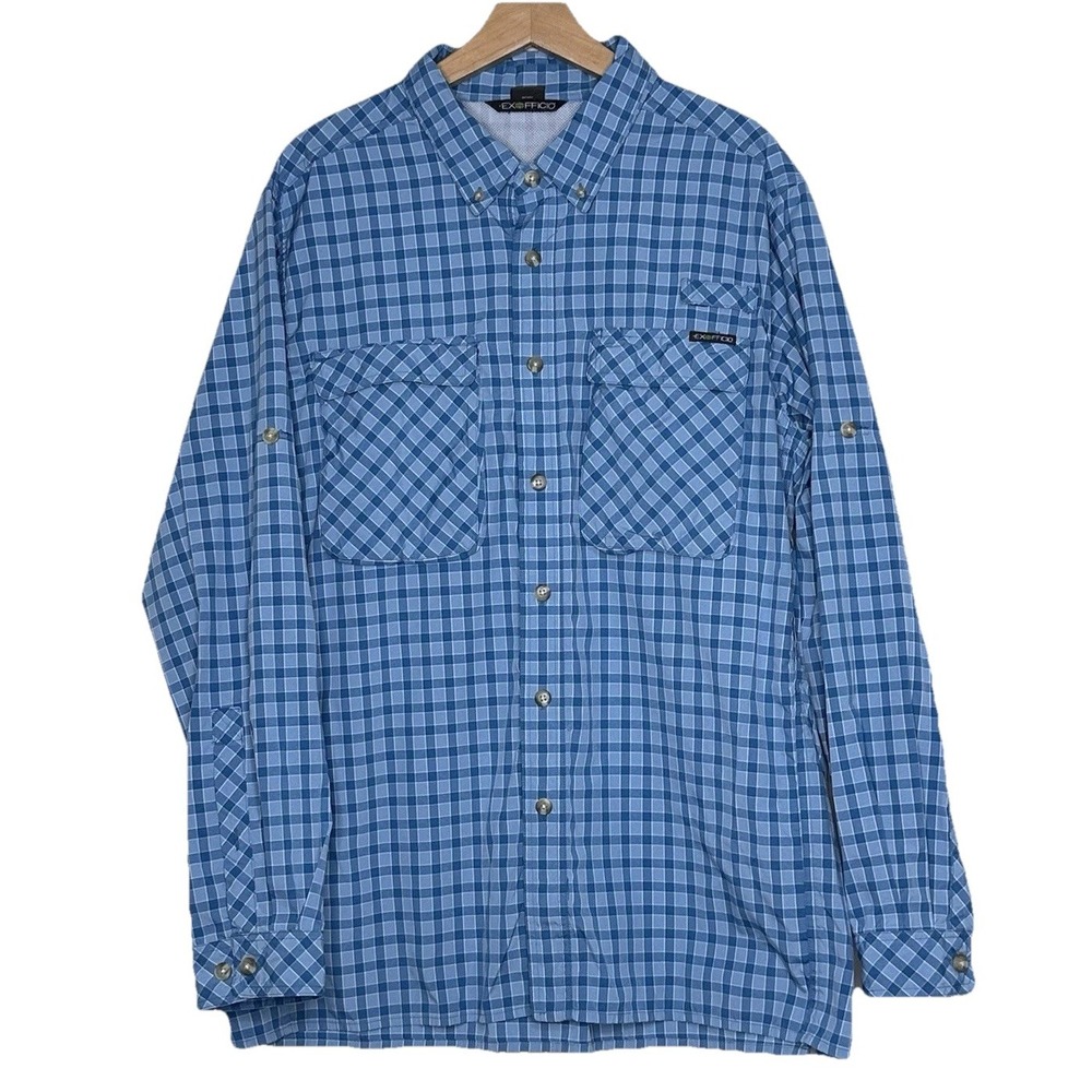 ExOfficio Men's XL Button Down Shirt Insect Shield Blue Plaid Long Sleeve Nature